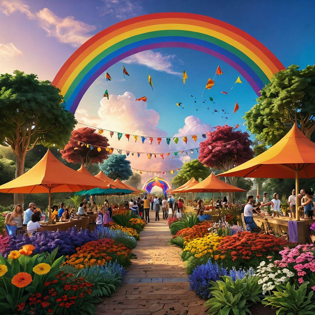 A vibrant, colorful landscape filled with diverse people celebrating together in a whimsical utopian setting, featuring rainbow flags and playful art installations. Include elements of nature like lush greenery and flowers, symbolizing growth and acceptance. The sky should be a brilliant sunset with warm hues. Super-realistic. Bright colors. 3D.