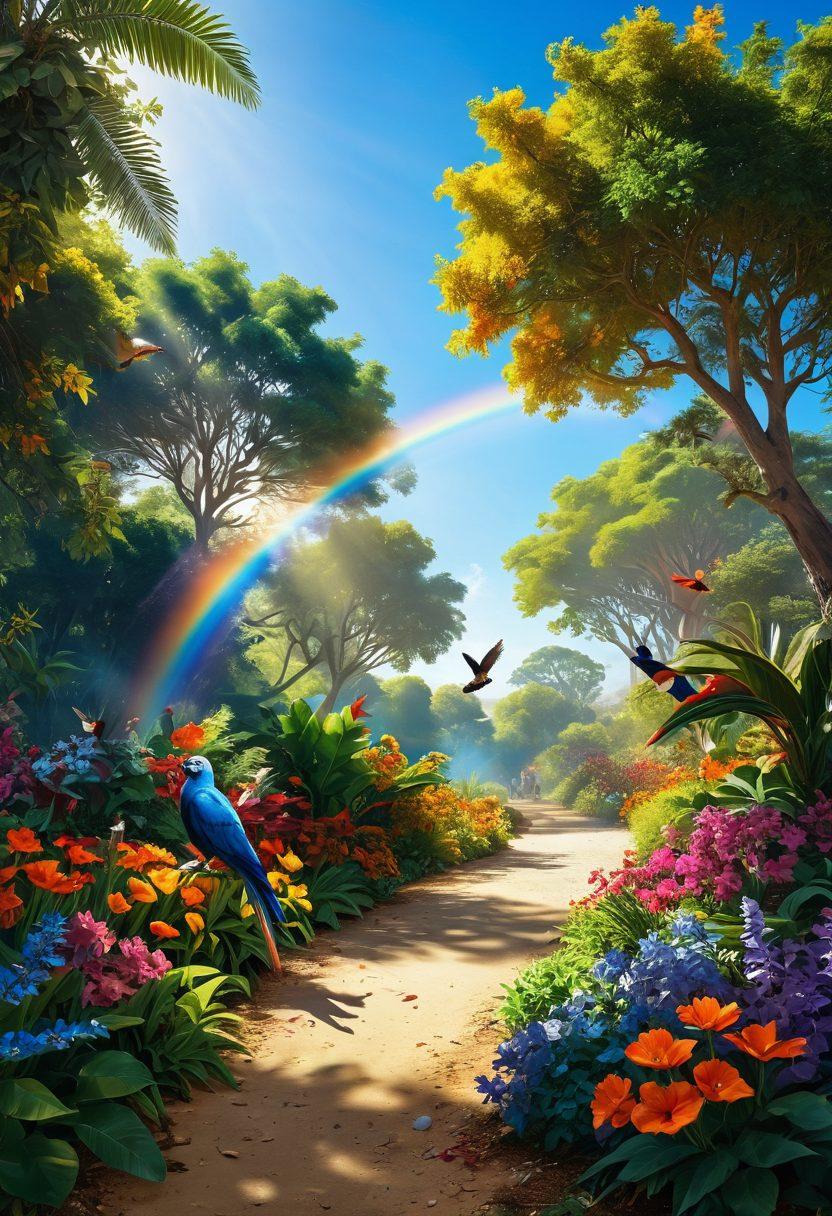 A vibrant and lush paradise filled with a variety of colorful flowers, exotic birds, and diverse people of different cultures celebrating together amidst nature. The scene is bright with a clear blue sky and sunlight filtering through the leaves, casting playful shadows on the ground. Include a rainbow arching over the landscape to symbolize unity and diversity. The imagery should evoke feelings of joy and harmony. super-realistic. vibrant colors. white background.