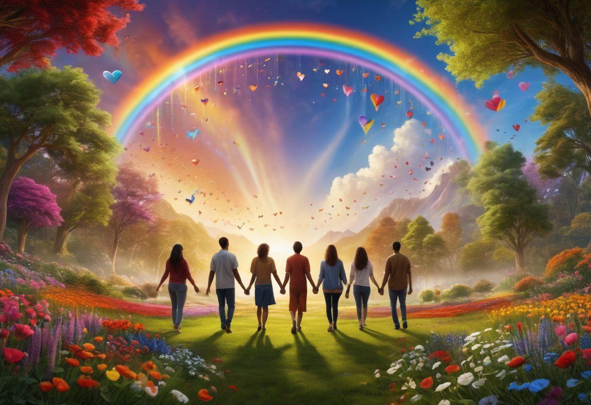 A vibrant tapestry of diverse individuals from various cultures and backgrounds, joyfully interacting in a colorful landscape filled with symbols of love and acceptance. Diverse expressions of happiness and unity are captured in the scene, with elements such as rainbows, hearts, and a backdrop of flourishing nature signifying growth and harmony. Light beams streaming down, highlighting the theme of inclusivity. super-realistic. vibrant colors. 3D.